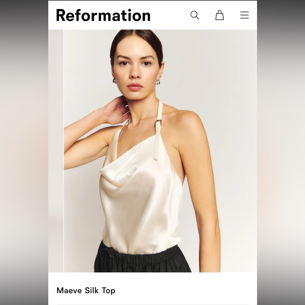 Reformation Maeve Silky Ivory Satin One-Shoulder Cowl Tank